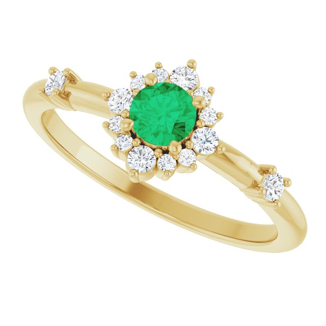 Round Emerald Halo Ring with Diamond Accents in Yellow Gold