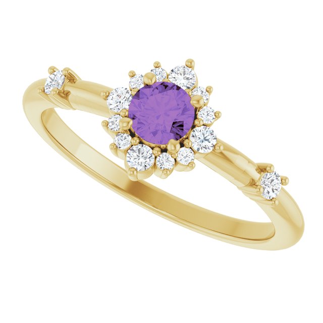 Round Amethyst Halo Ring with Diamond Accents in Yellow Gold