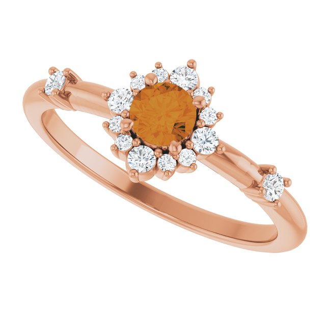 Round Citrine Halo Ring with Diamond Accents in Rose Gold