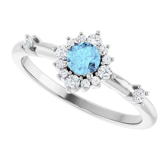 Round Aquamarine Halo Ring with Diamond Accents in Platinum