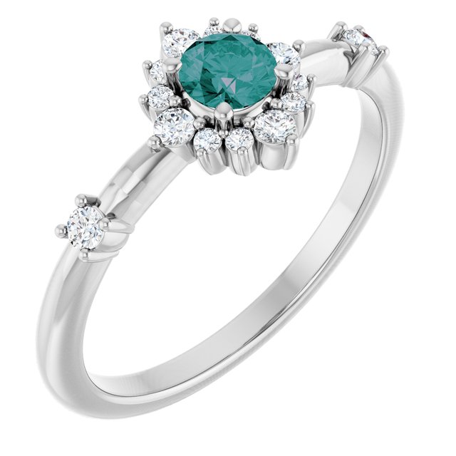 Round Lab-Grown Alexandrite Halo Ring with Diamond Accents in Platinum