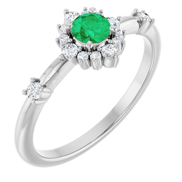 Round Emerald Halo Ring with Diamond Accents in Platinum