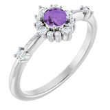Round Amethyst Halo Ring with Diamond Accents in White Gold