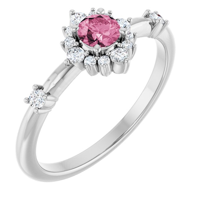 Round Pink Tourmaline Halo Ring with Diamond Accents in White Gold