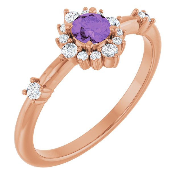 Round Amethyst Halo Ring with Diamond Accents in Rose Gold