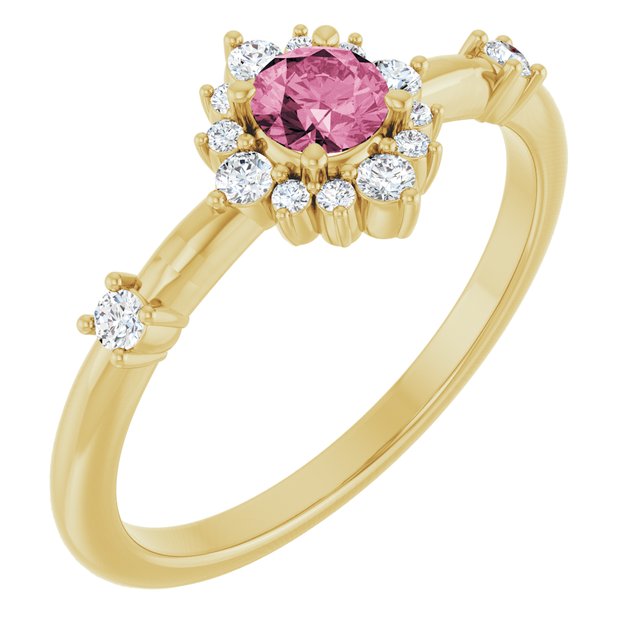 Round Pink Tourmaline & Diamond Halo Ring in Yellow Gold