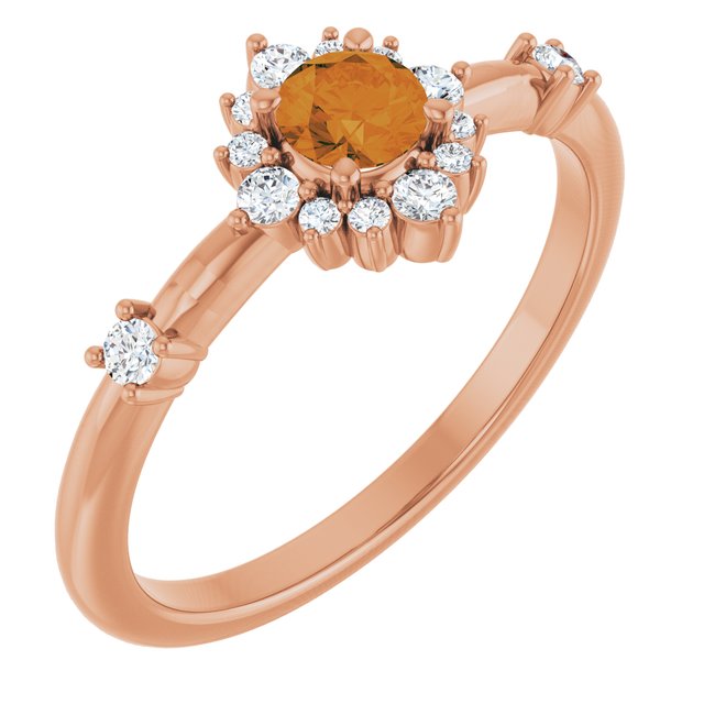 Round Citrine Halo Ring with Diamond Accents in Rose Gold