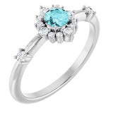 Round Blue Zircon Halo Ring with Diamond Accents in Platinum