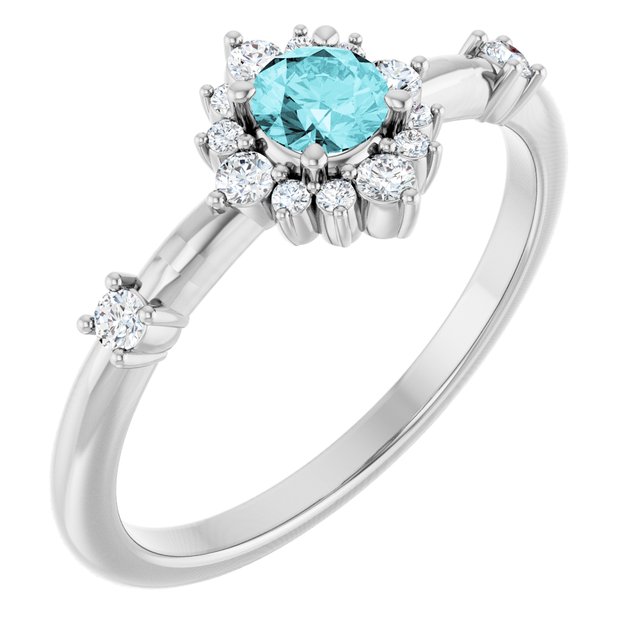 Round Blue Zircon Halo Ring with Diamond Accents in Platinum