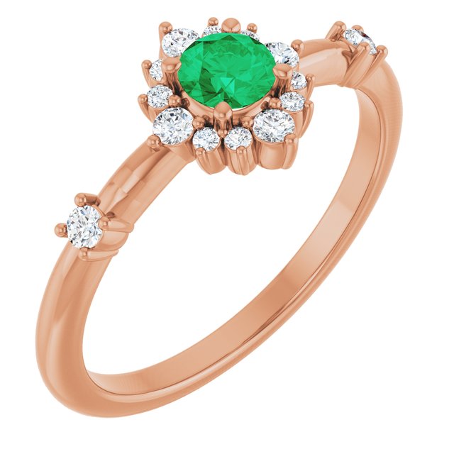 Round Lab-Grown Emerald & Diamond Halo Ring in Rose Gold