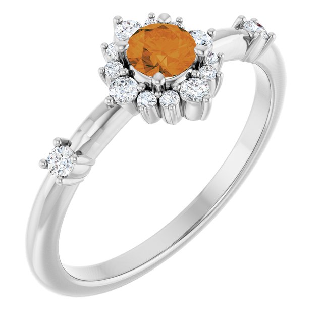 Round Citrine Halo Ring with Diamond Accents in Platinum