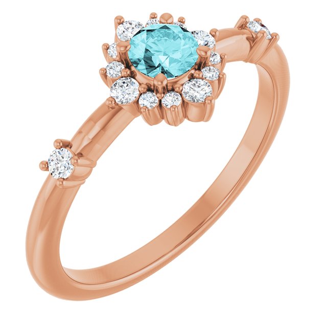 Round Blue Zircon Halo Ring with Diamond Accents in Rose Gold