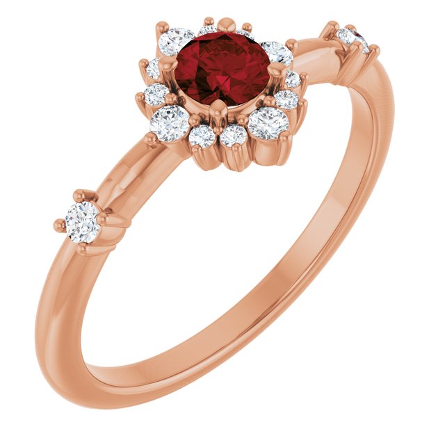 Round Mozambique Garnet & Diamond Halo Ring in Rose Gold