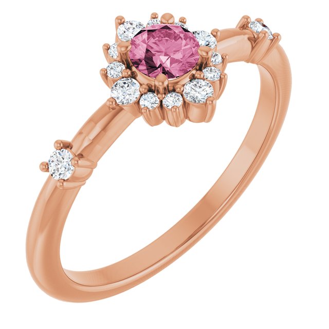 Round Pink Tourmaline Halo Ring with Diamond Accents in Rose Gold