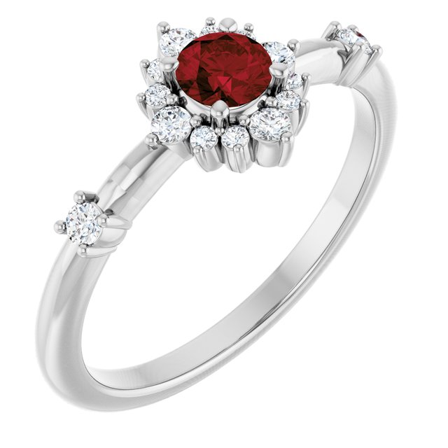 Round Mozambique Garnet Halo Ring with Diamond Accents in Platinum