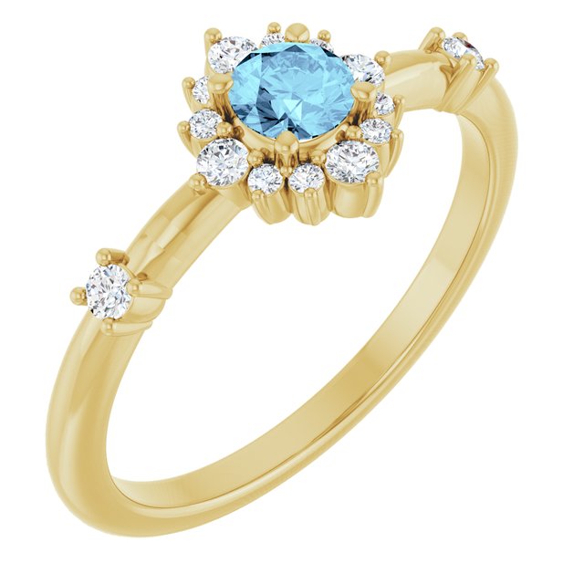 Round Aquamarine Halo Ring with Diamond Accents in Yellow Gold