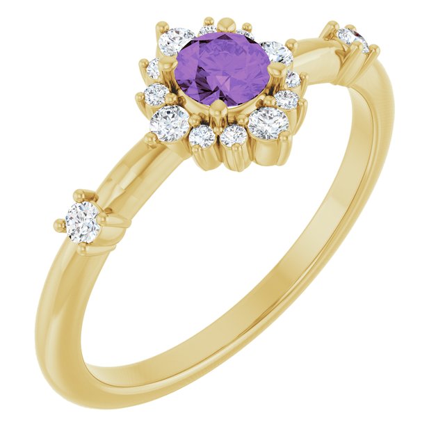 Round Amethyst Halo Ring with Diamond Accents in Yellow Gold