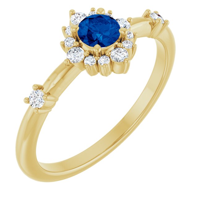 Round Blue Sapphire Halo Ring with Diamond Accents in Yellow Gold