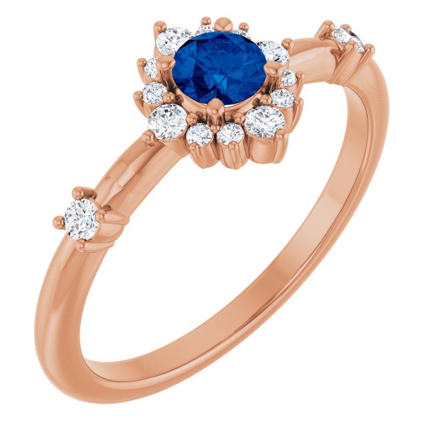Round Blue Sapphire Halo Ring with Diamond Accents in Rose Gold