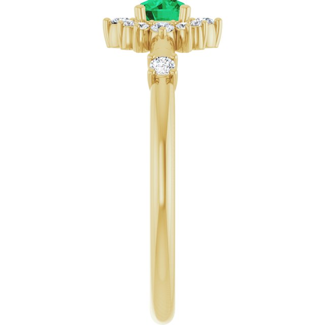 Round Lab-Grown Emerald & Diamond Halo Ring in Yellow Gold