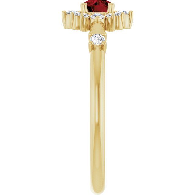 Round Mozambique Garnet & Diamond Halo Ring in Yellow Gold