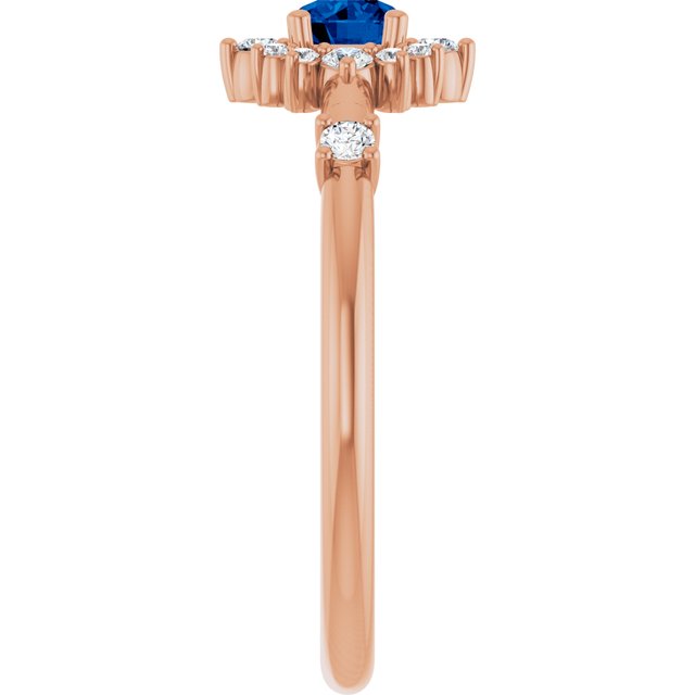 Round Blue Sapphire Halo Ring with Diamond Accents in Rose Gold