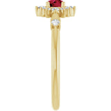 Round Ruby Halo Ring with Diamond Accents in Yellow Gold