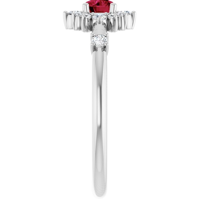 Round Ruby Halo Ring with Diamond Accents in White Gold
