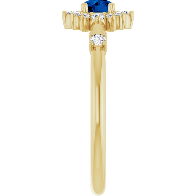 Round Blue Sapphire Halo Ring with Diamond Accents in Yellow Gold