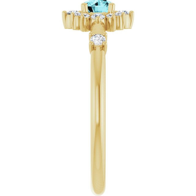 Round Blue Zircon Halo Ring with Diamond Accents in Yellow Gold
