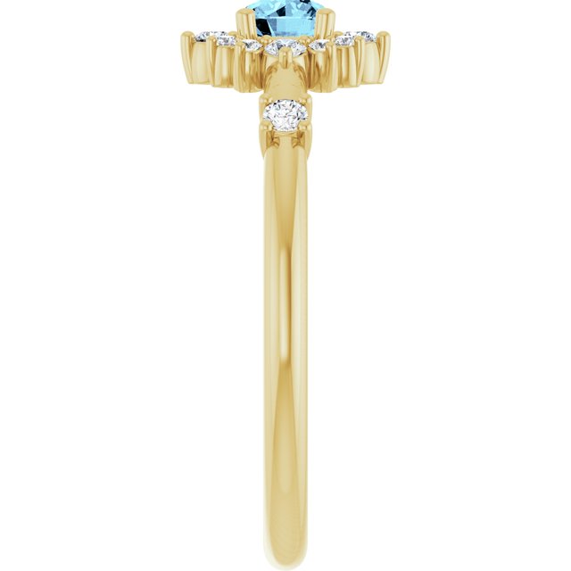 Round Aquamarine Halo Ring with Diamond Accents in Yellow Gold