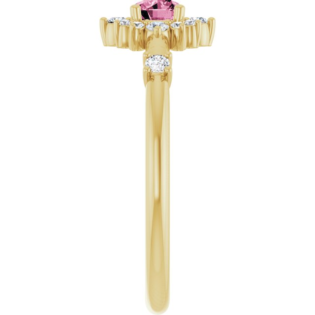 Round Pink Tourmaline & Diamond Halo Ring in Yellow Gold