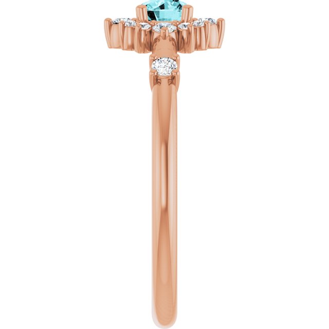 Round Blue Zircon Halo Ring with Diamond Accents in Rose Gold