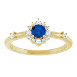 Round Blue Sapphire Halo Ring with Diamond Accents in Yellow Gold