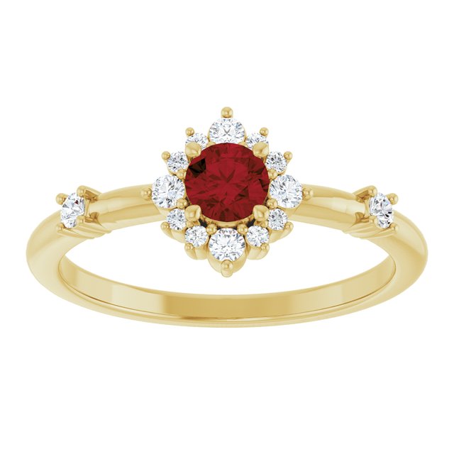 Round Mozambique Garnet & Diamond Halo Ring in Yellow Gold