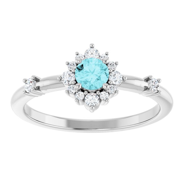 Round Blue Zircon Halo Ring with Diamond Accents in Platinum