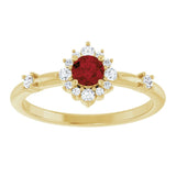 Round Mozambique Garnet & Diamond Halo Ring in Yellow Gold