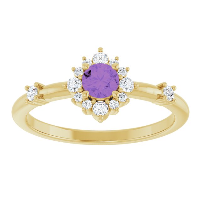 Round Amethyst Halo Ring with Diamond Accents in Yellow Gold