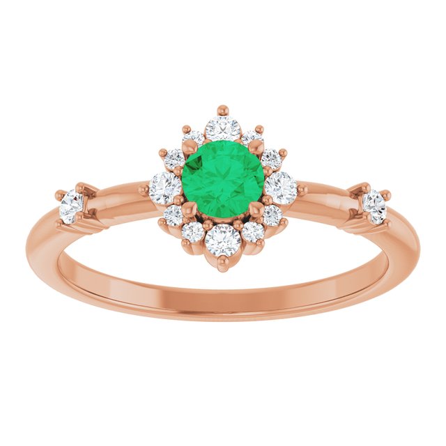 Round Emerald Halo Ring with Diamond Accents in Rose Gold