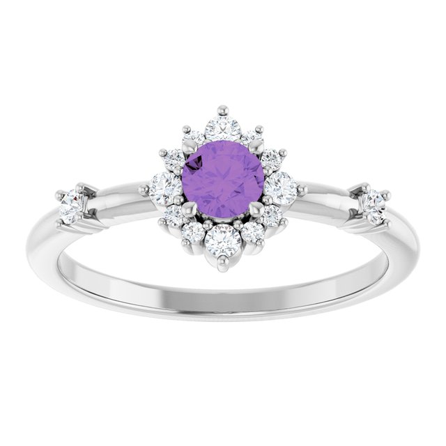 Round Amethyst Halo Ring with Diamond Accents in Platinum
