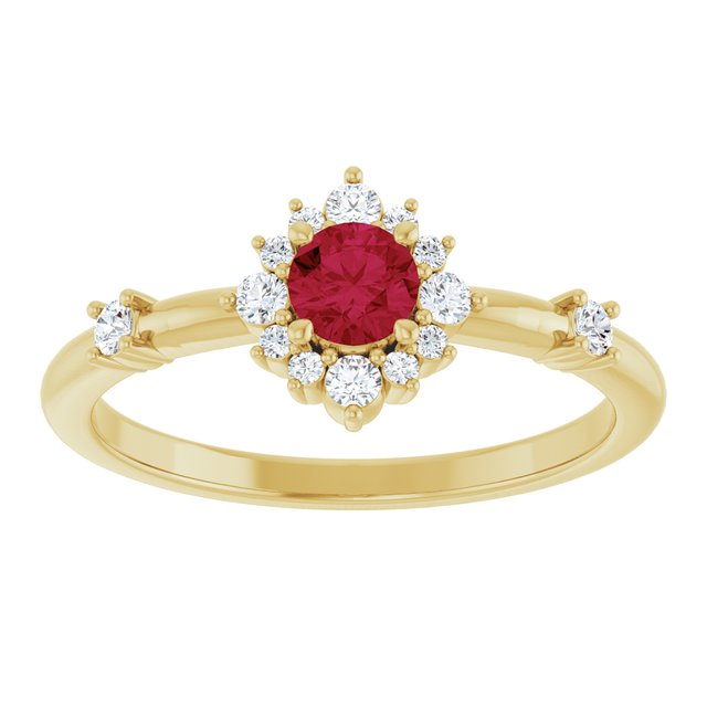 Round Ruby Halo Ring with Diamond Accents in Yellow Gold