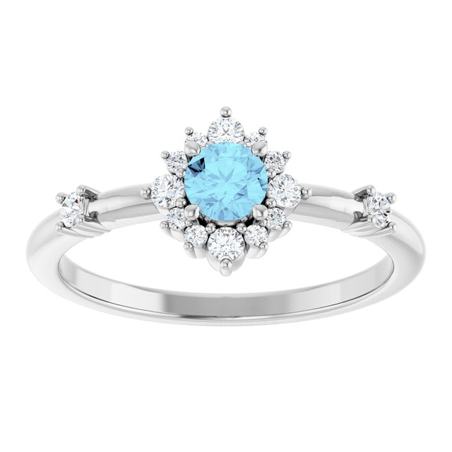 Round Aquamarine Halo Ring with Diamond Accents in Platinum
