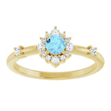 Round Aquamarine Halo Ring with Diamond Accents in Yellow Gold