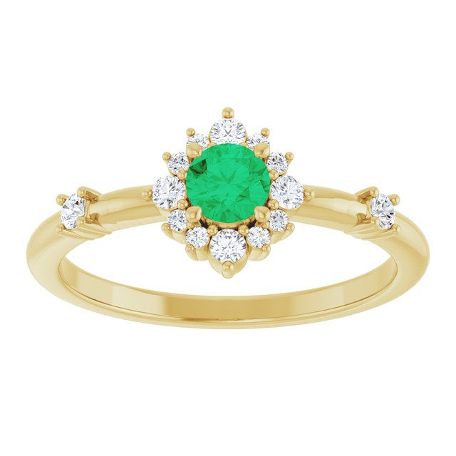 Round Emerald Halo Ring with Diamond Accents in Yellow Gold
