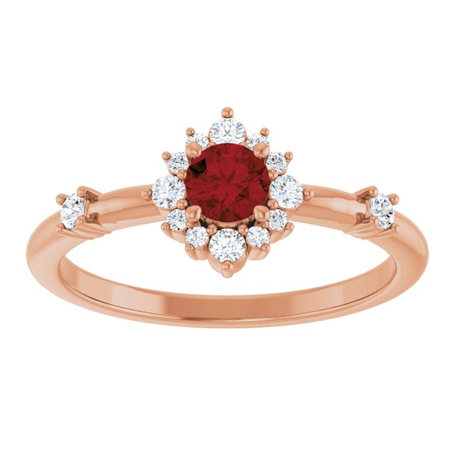 Round Mozambique Garnet & Diamond Halo Ring in Rose Gold