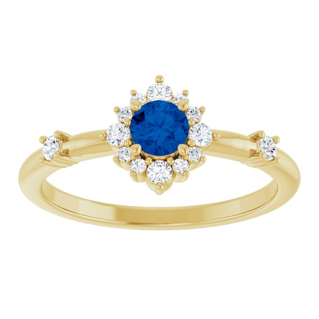 Round Blue Sapphire Halo Ring with Diamond Accents in Yellow Gold