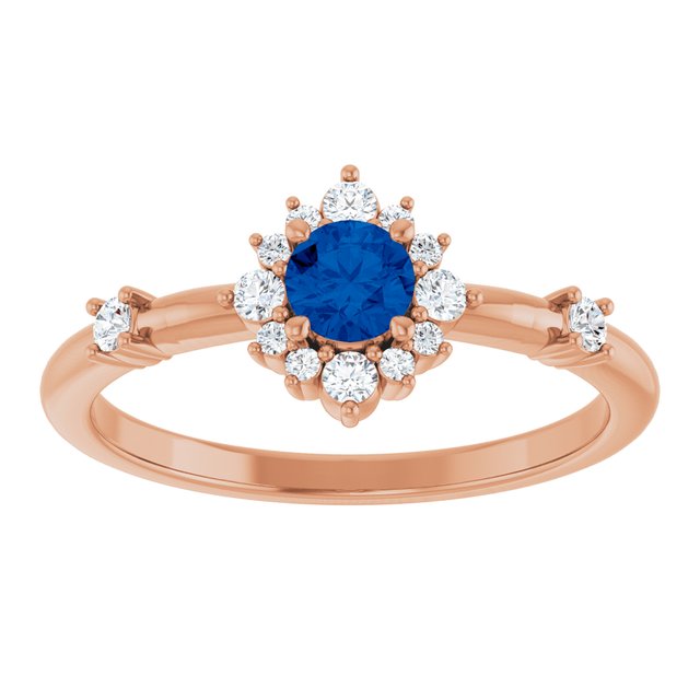 Round Blue Sapphire Halo Ring with Diamond Accents in Rose Gold