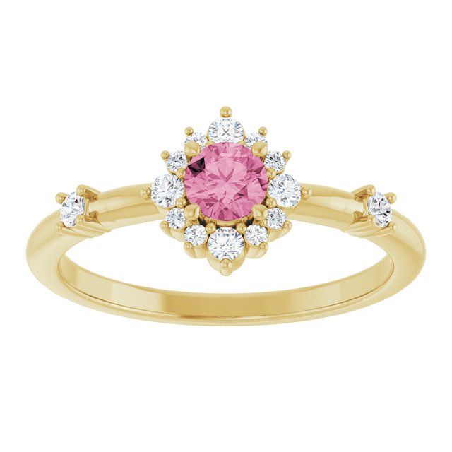 Round Pink Tourmaline & Diamond Halo Ring in Yellow Gold