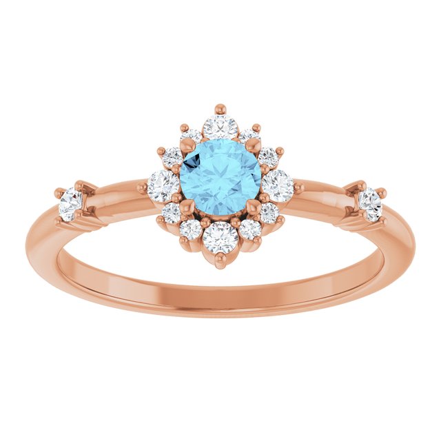 Round Aquamarine Halo Ring with Diamond Accents in Rose Gold