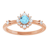 Round Aquamarine Halo Ring with Diamond Accents in Rose Gold